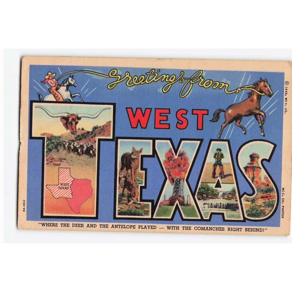 Vintage 1949 Greetings from West Texas Large Letter Linen Postcard VG
